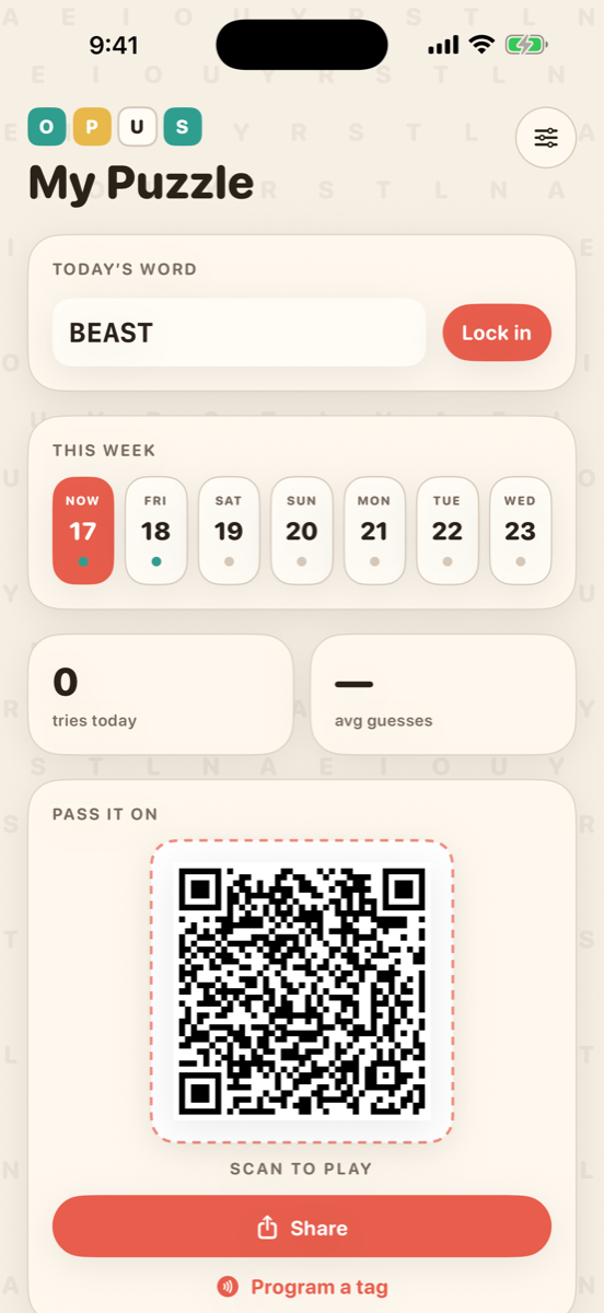 Opus dashboard with today’s word, a week queue, and a QR code to pass it on.